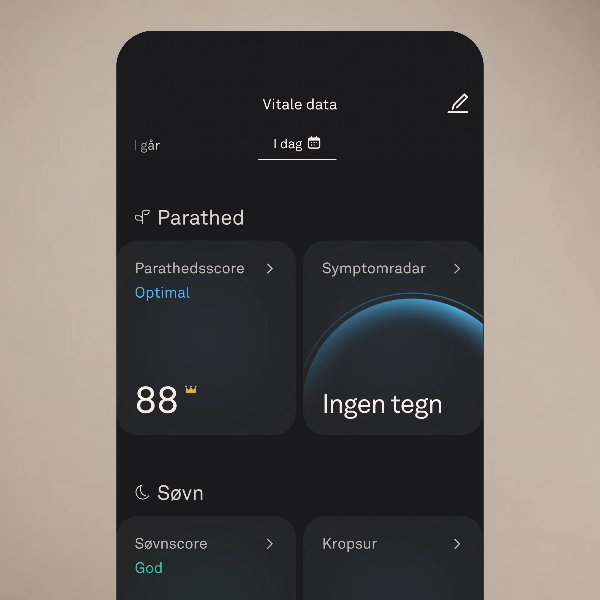 Oura Ring-appen med funktionen Vitale data