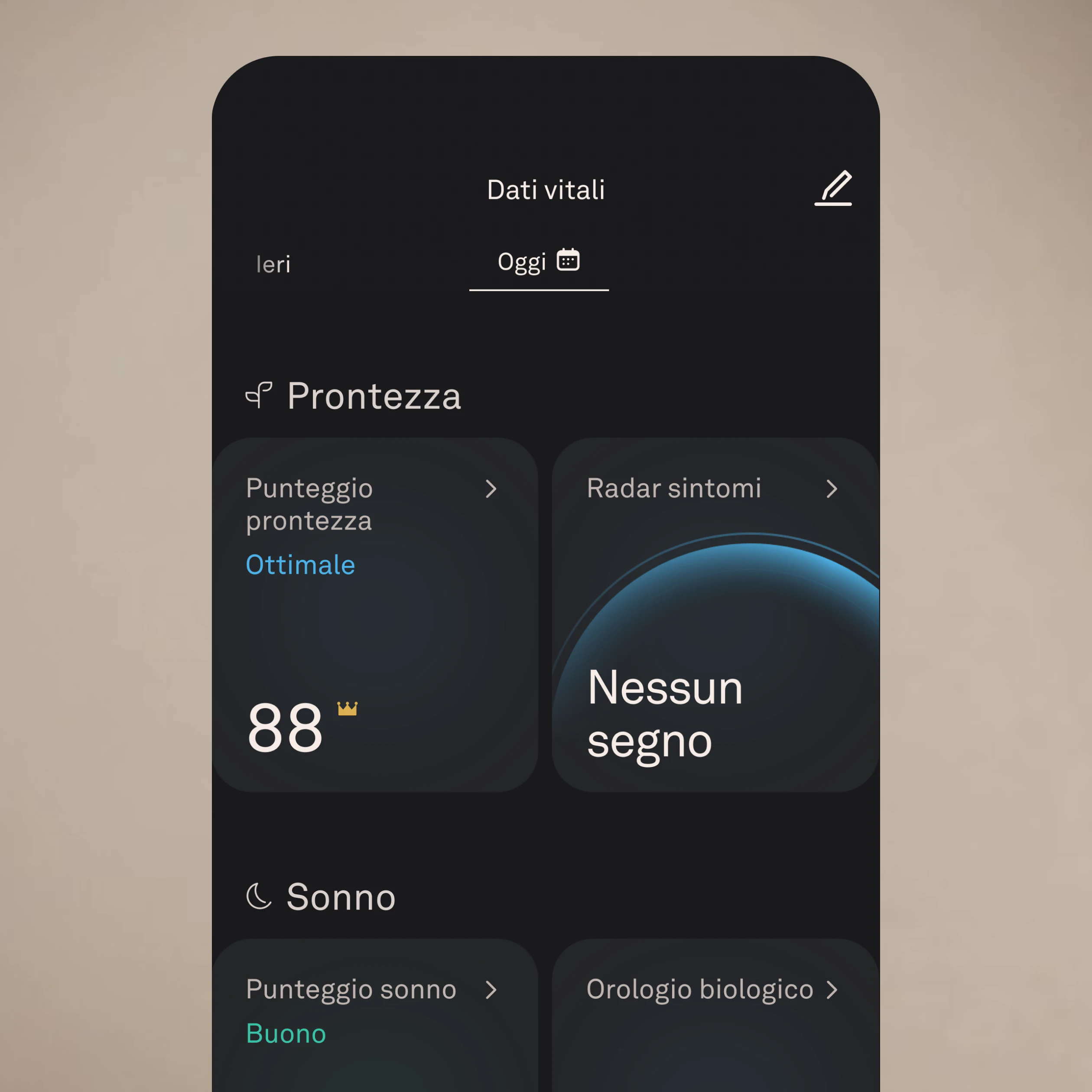 Oura App con la sezione Dati vitali aperta