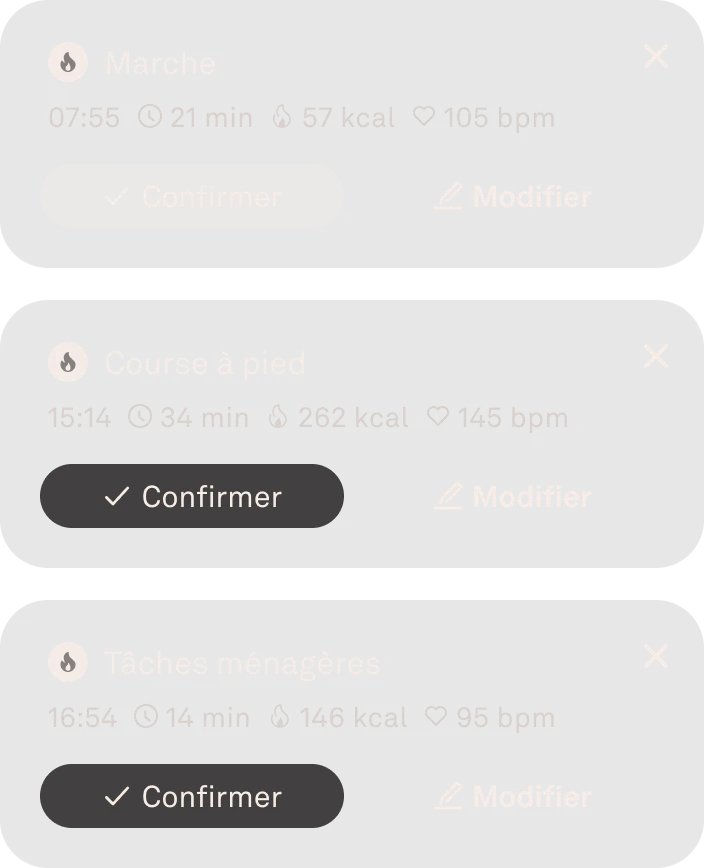 Interface utilisateur de l'application Oura représentant la détection automatique d'activité.