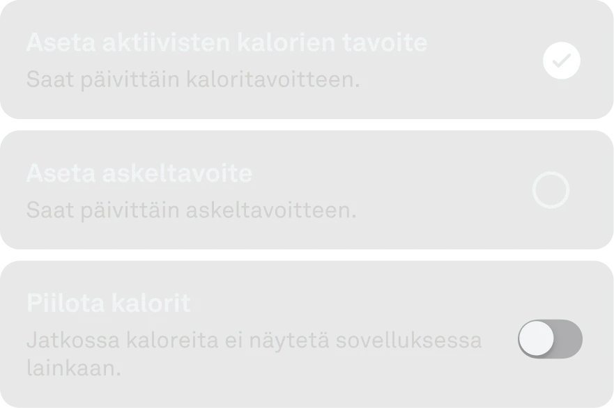 Sovelluksen näkymässä yksilölliset aktiivisuustavoitteet.