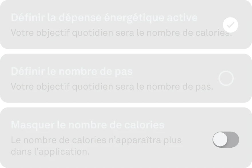Interface utilisateur de l'application Oura représentant les objectifs d'activité personnalisés.