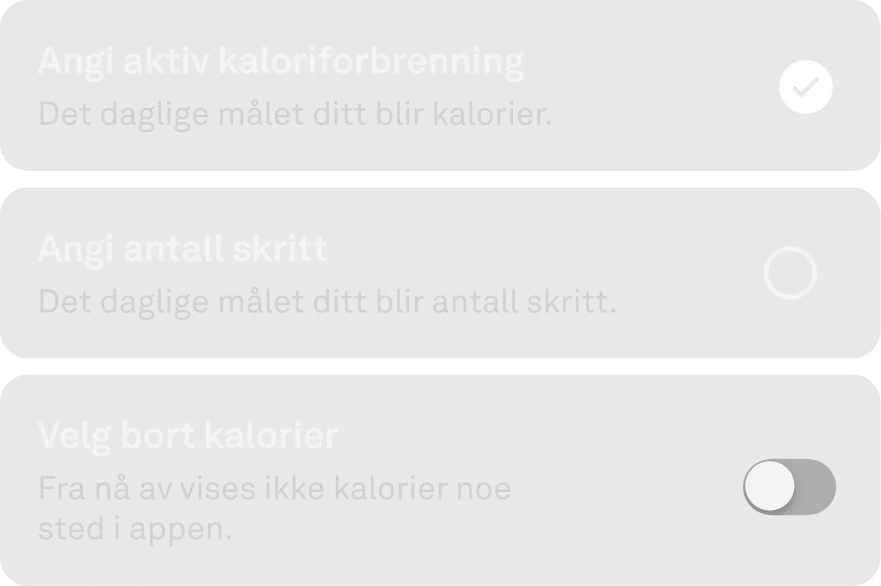 App-grensesnitt som representerer personlig tilpassede aktivitetsmål.