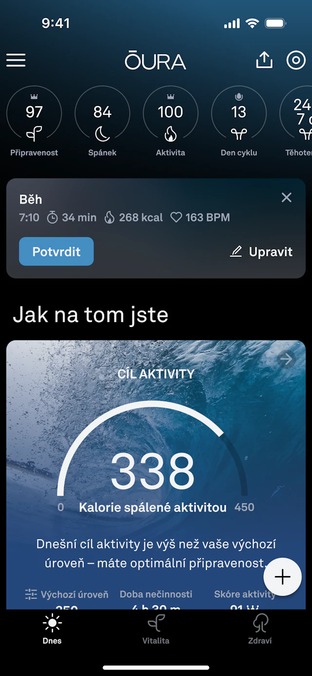 Snímek pokroku v aktivitě v mobilní aplikaci Oura