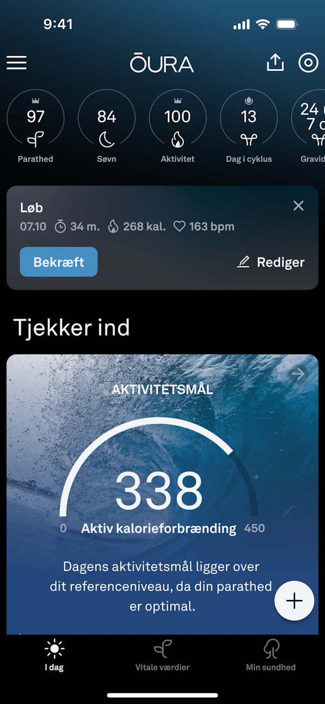 Skærmbillede af Oura-mobilappen, der viser status for aktivitetsmål