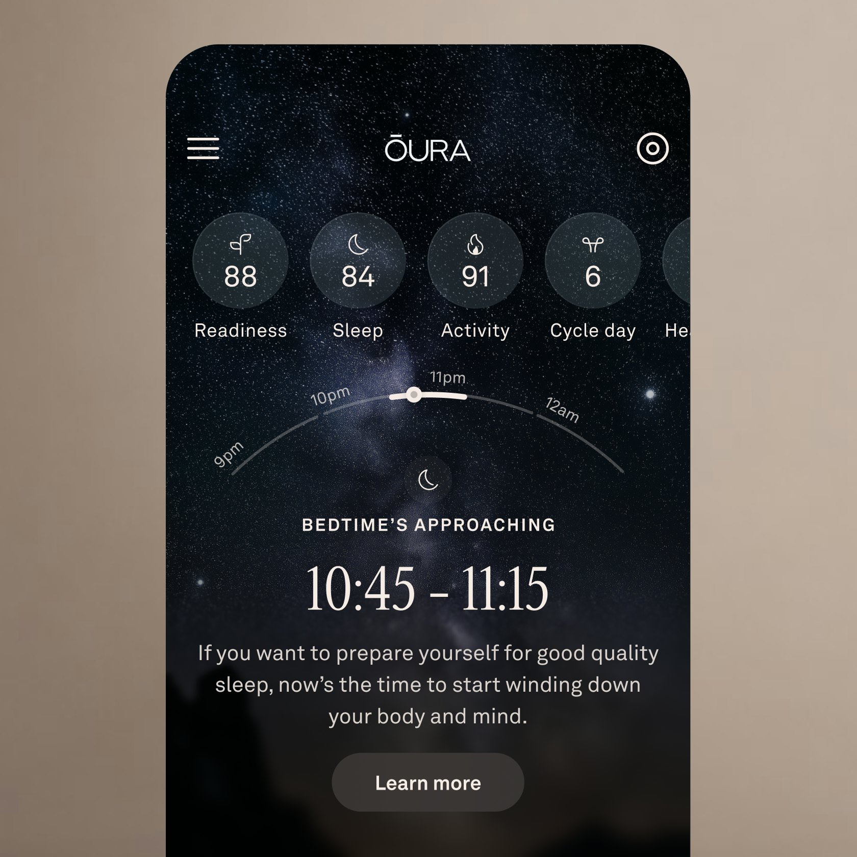 A screenshot of the home screen in the Oura App, displaying a message about bedtime approaching
