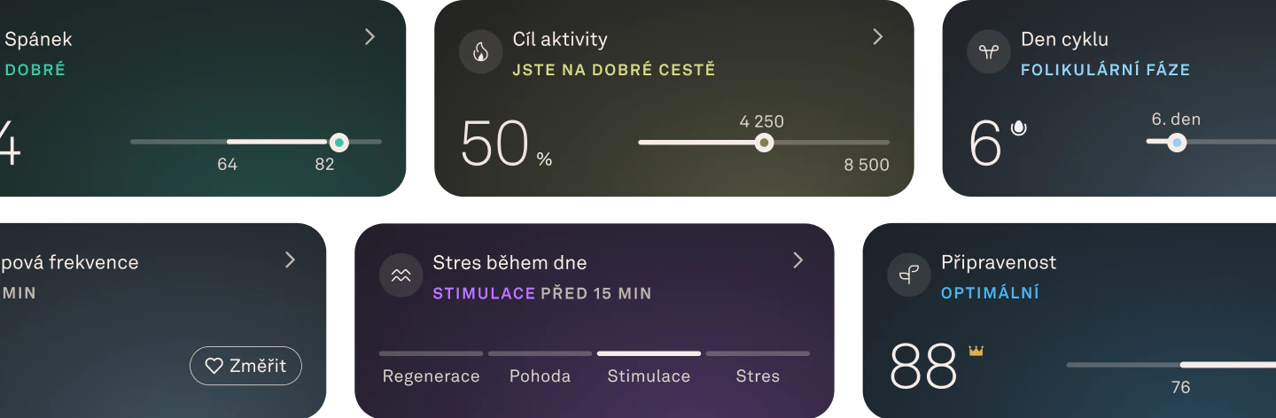 Obrázek karet funkcí v uživatelském rozhraní aplikace, včetně spánku, aktivity, cyklu, tepové frekvence, stresu a připravenosti.