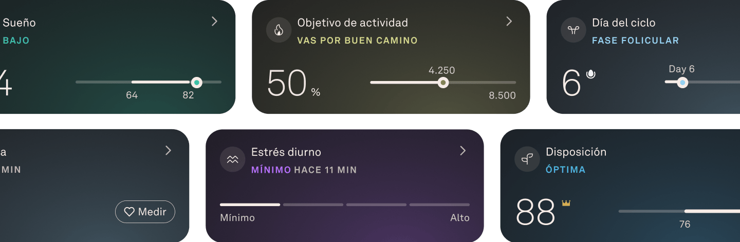 Imagen de las pantallas del sueño, la actividad, el ciclo menstrual, la frecuencia cardíaca, el estrés y la disposición en la interfaz de usuario de la aplicación.
