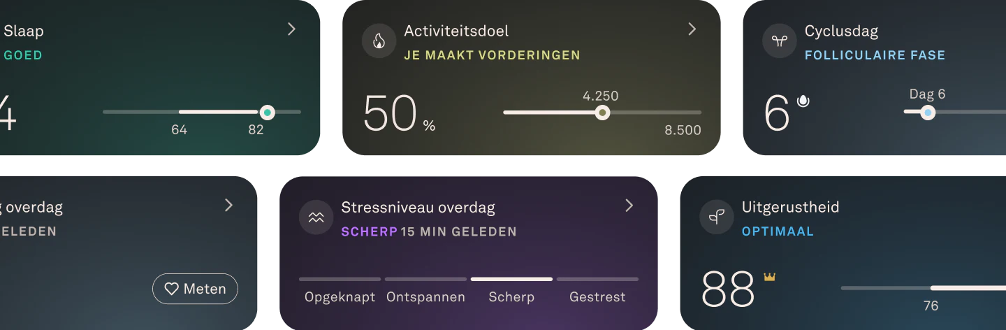 Afbeelding van functiekaarten in de UI van de app, waaronder die voor slaap, activiteit, cyclus, hartslag, stress en uitgerustheid.