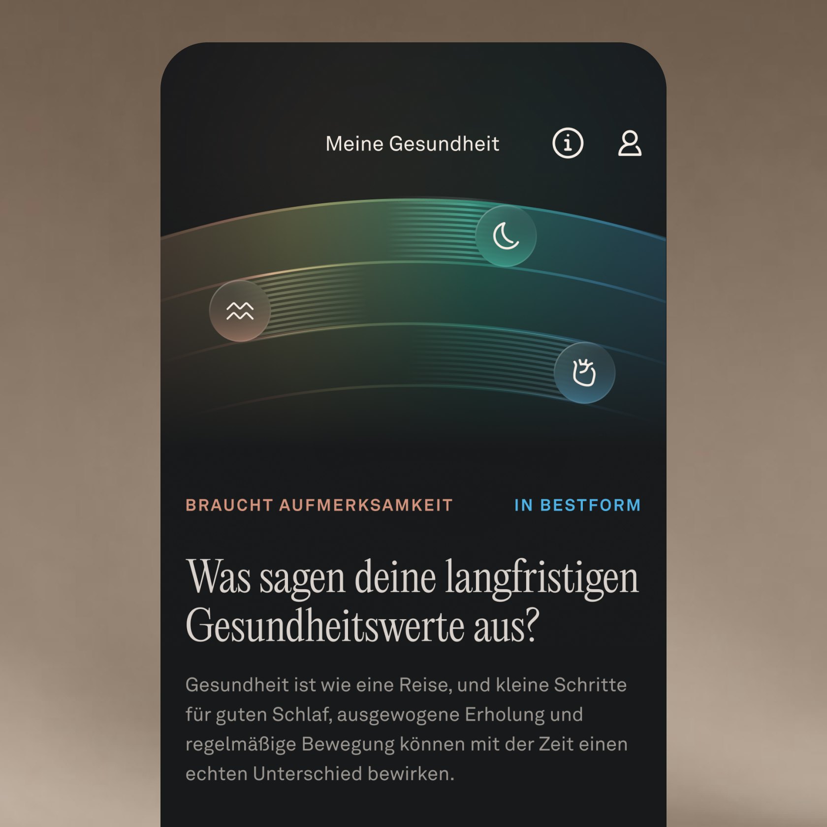 Ein Screenshot der Gesundheit-Ansicht in der Oura-App, auf dem ein Text zur Entwicklung der Herzgesundheit und zum Stressmanagement zu lesen ist