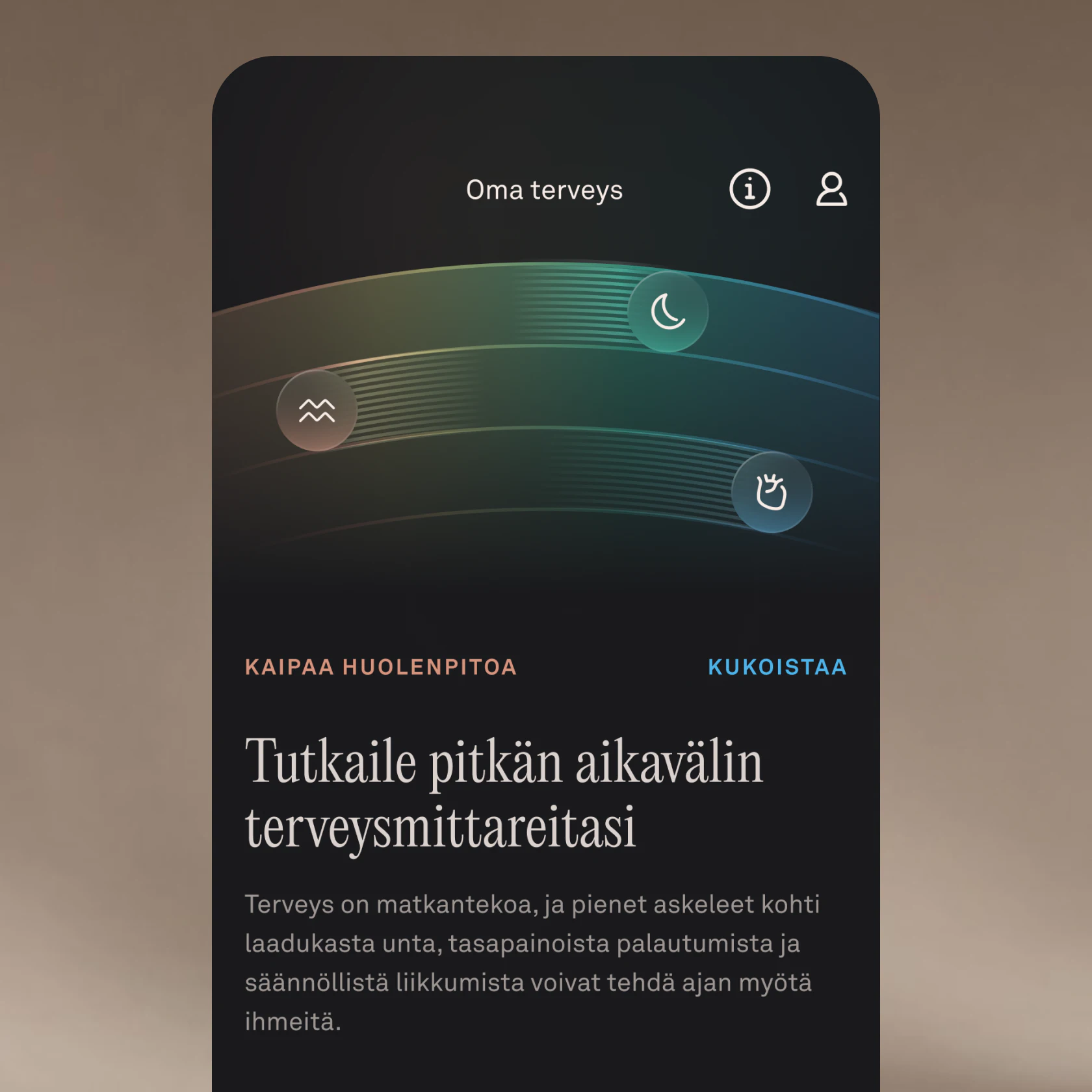 Kuvakaappaus Oura-sovelluksen Oma terveys -näkymästä, jossa näkyy viesti edistymisestä sydämen terveyden ja stressinhallinnan osalta