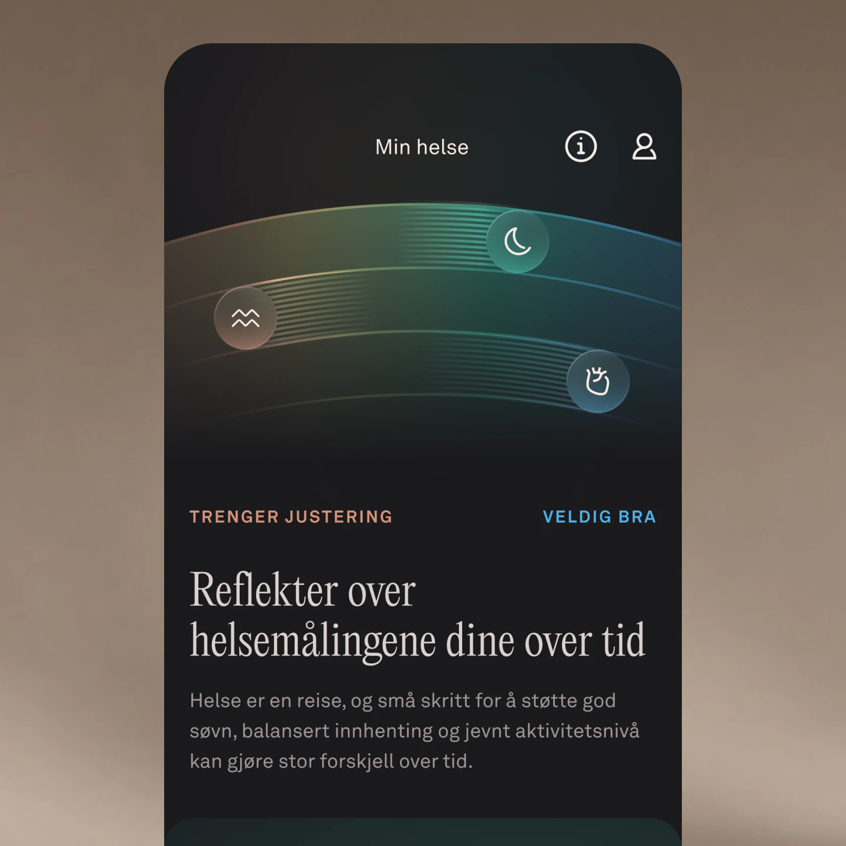 Et skjermbilde av Min helse-skjermen i Oura-appen, som viser informasjon om fremgang i hjertehelse og stressmestring.