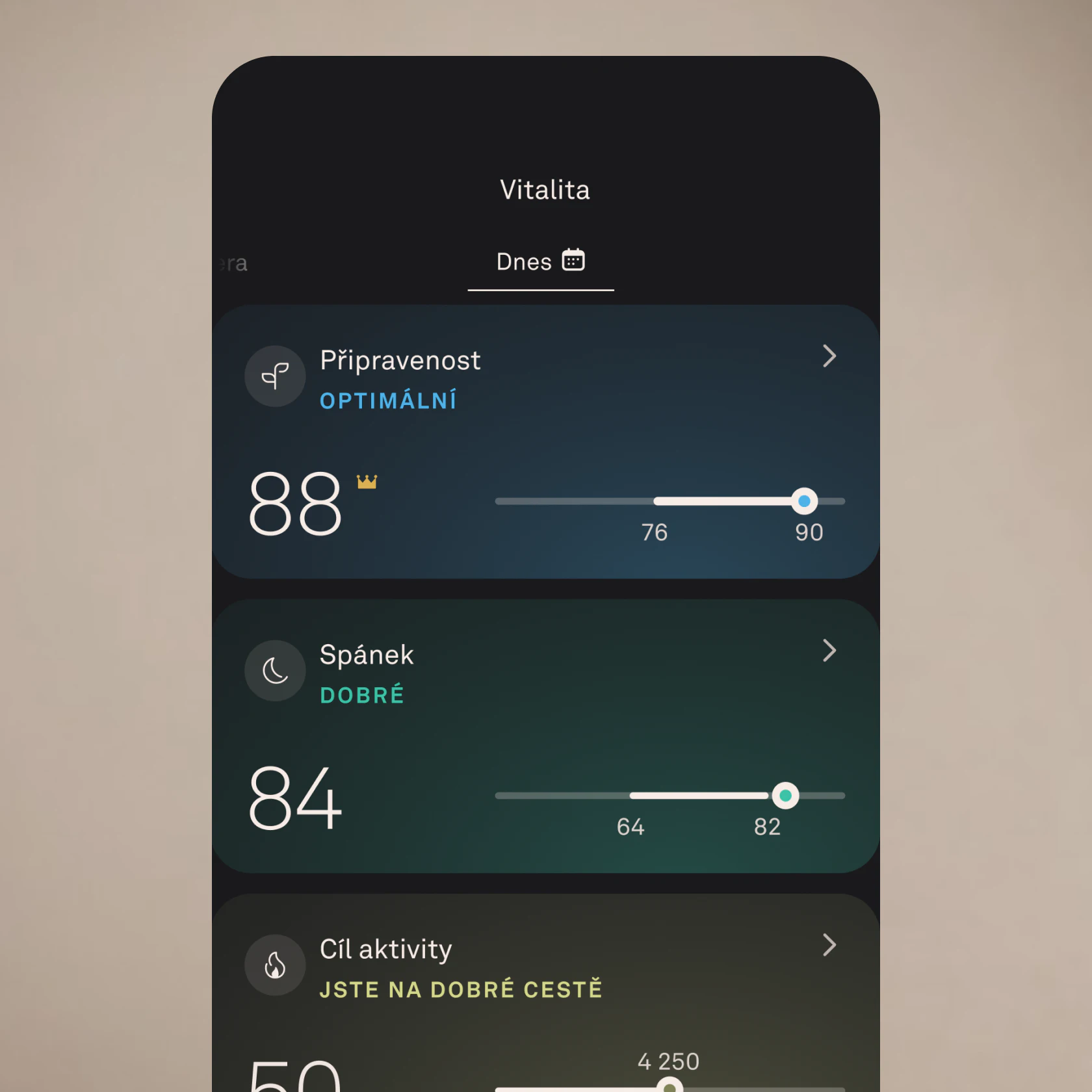 Snímek obrazovky Vitalita v aplikaci Oura se skóre připravenosti, spánku a aktivity