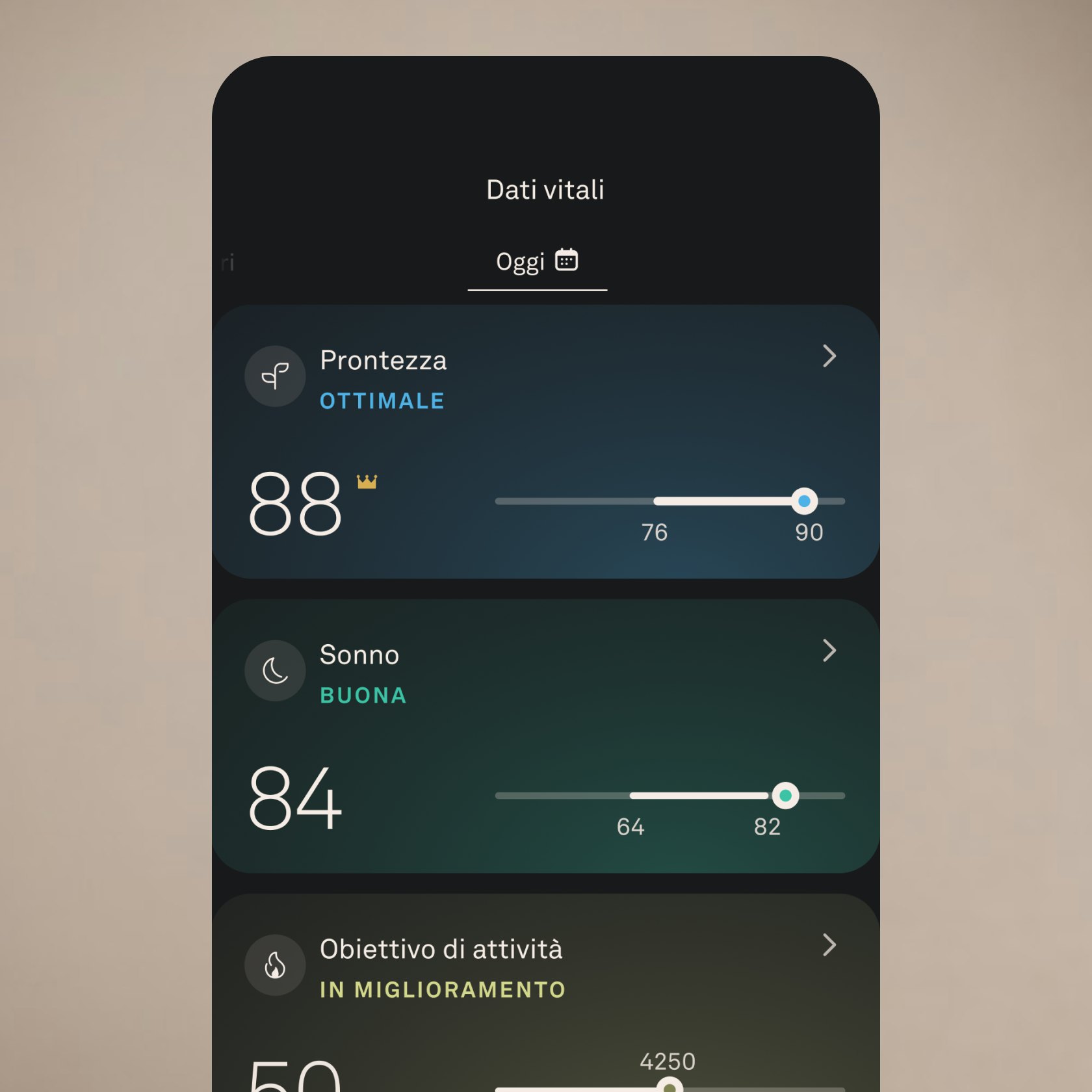 Uno screenshot della schermata Dati vitali in Oura App, che mostra i punteggi di prontezza, sonno e attività
