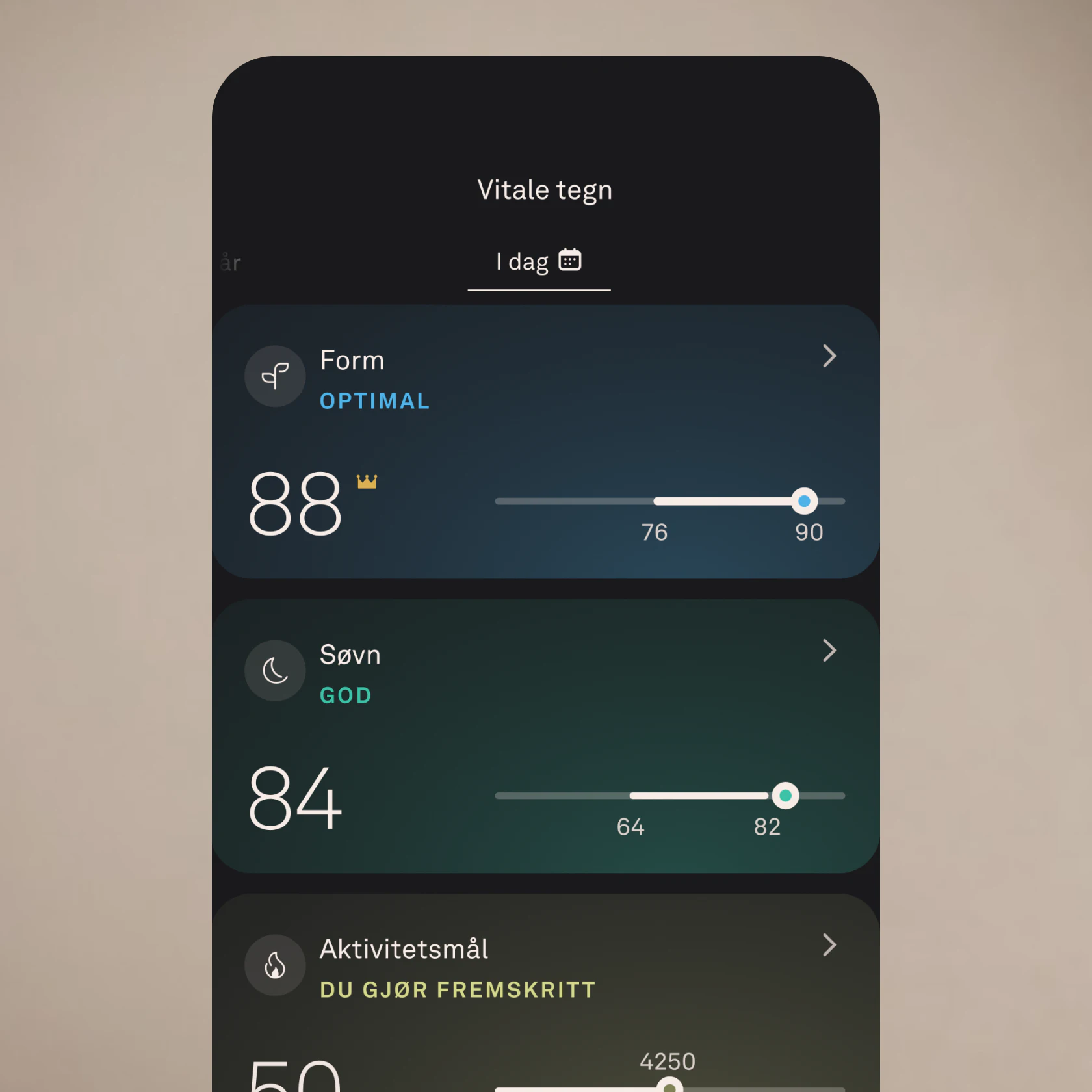 Et skjermbilde av Vitale tegn-skjermen i Oura-appen, som viser form-, søvn- og aktivitetspoeng.