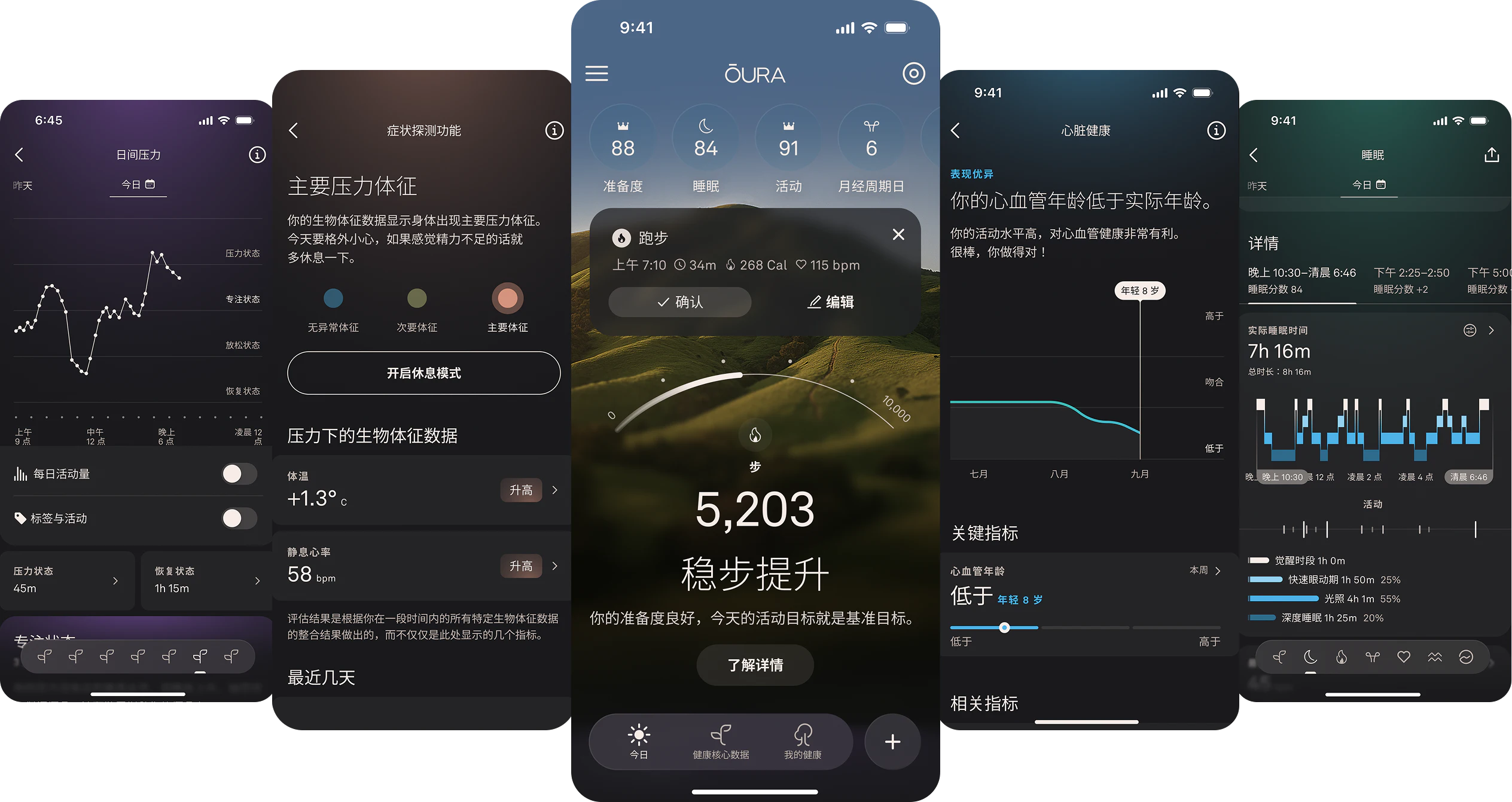一组 Oura App 截图,包含主界面以及日间压力、症状探测功能、活动与饮食记录等功能界面