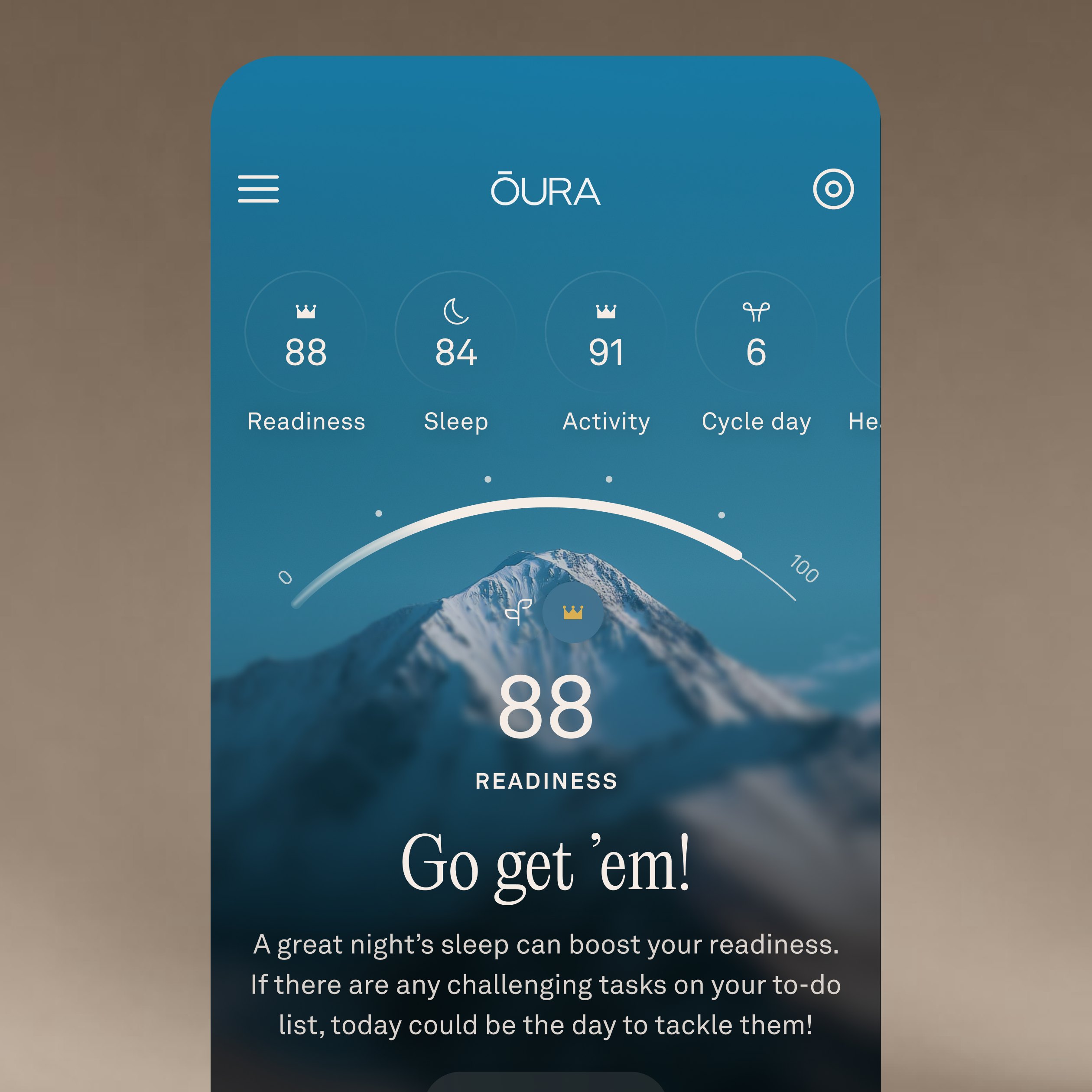 A mobile application showing readiness score.