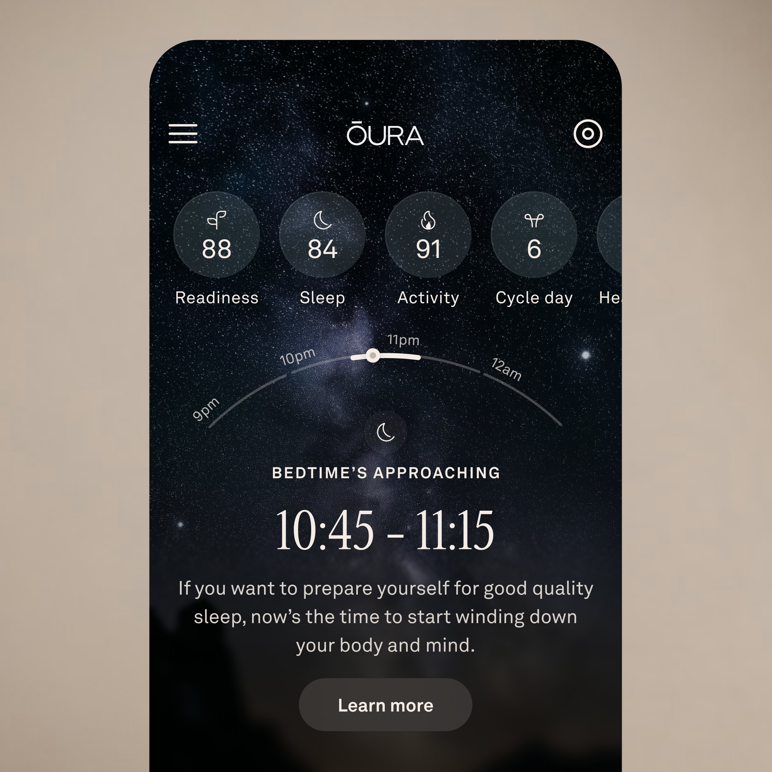A mobile application showing that bedtime is approaching.