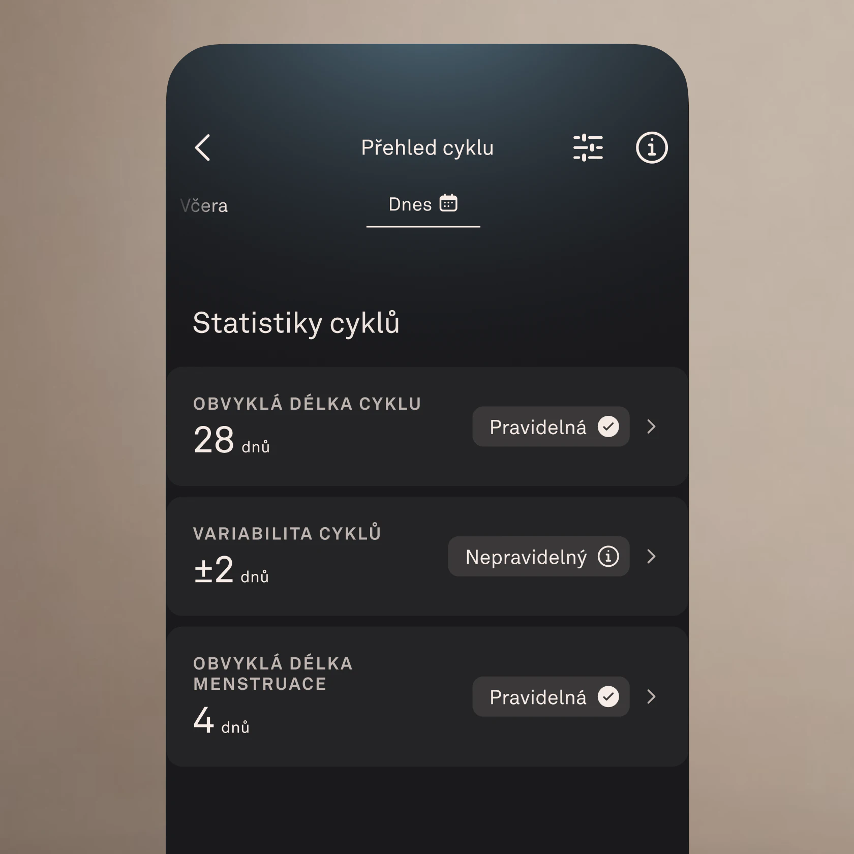 Mobilní aplikace zobrazující přehled cyklu.