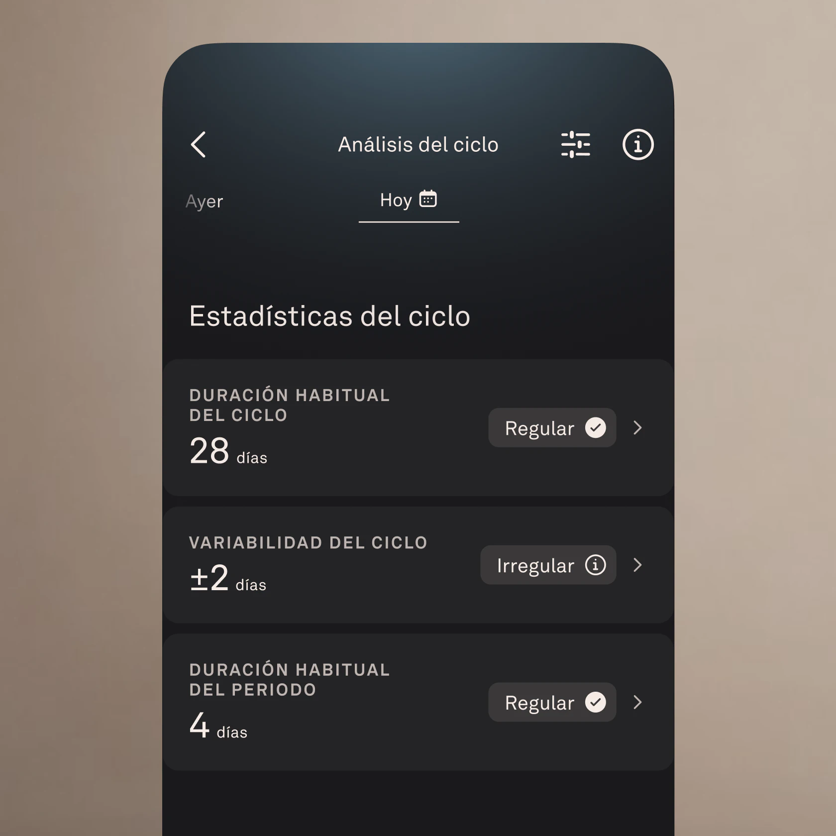 Pantalla de la aplicación Oura que muestra la función Análisis del ciclo.