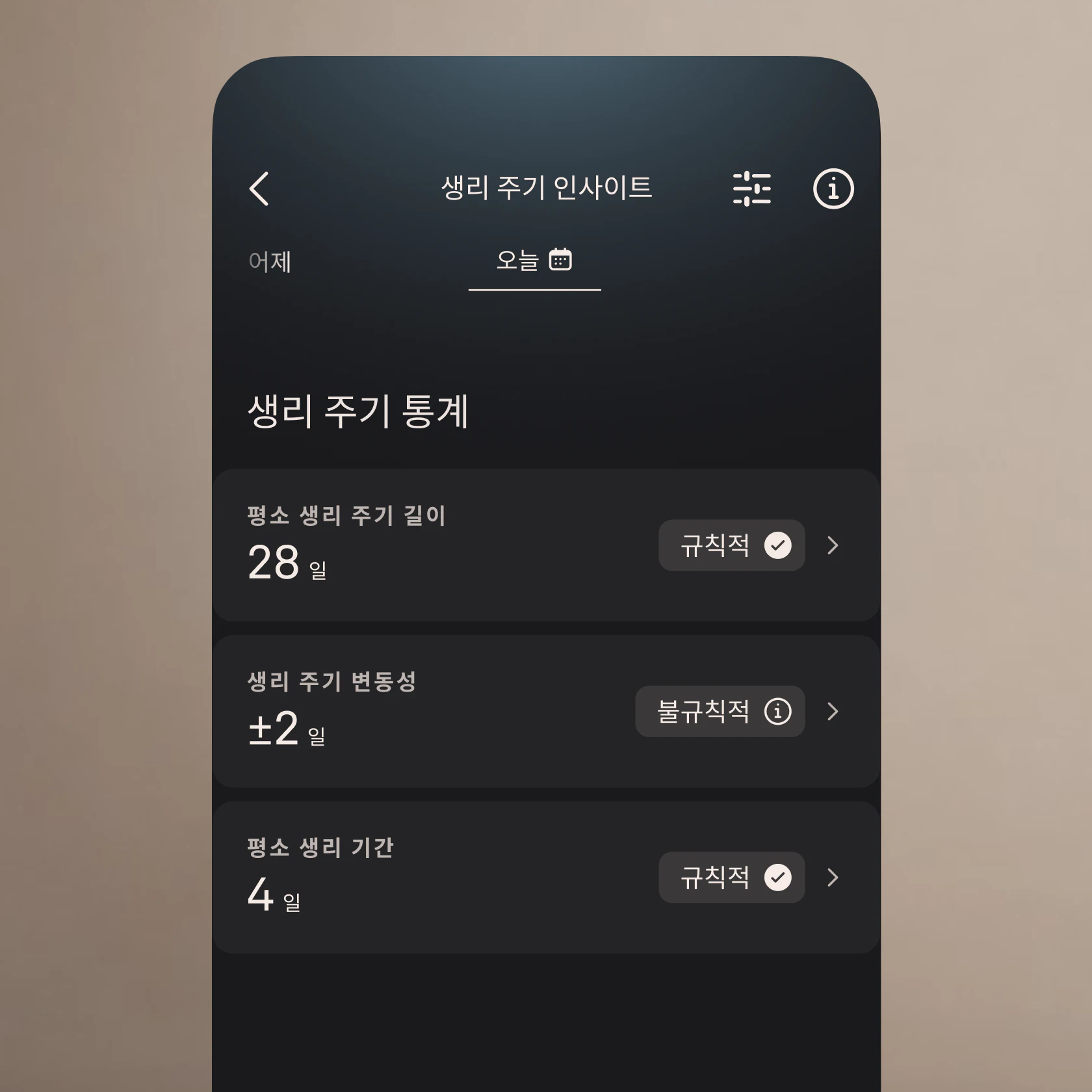 생리 주기 인사이트를 보여주는 모바일 애플리케이션.