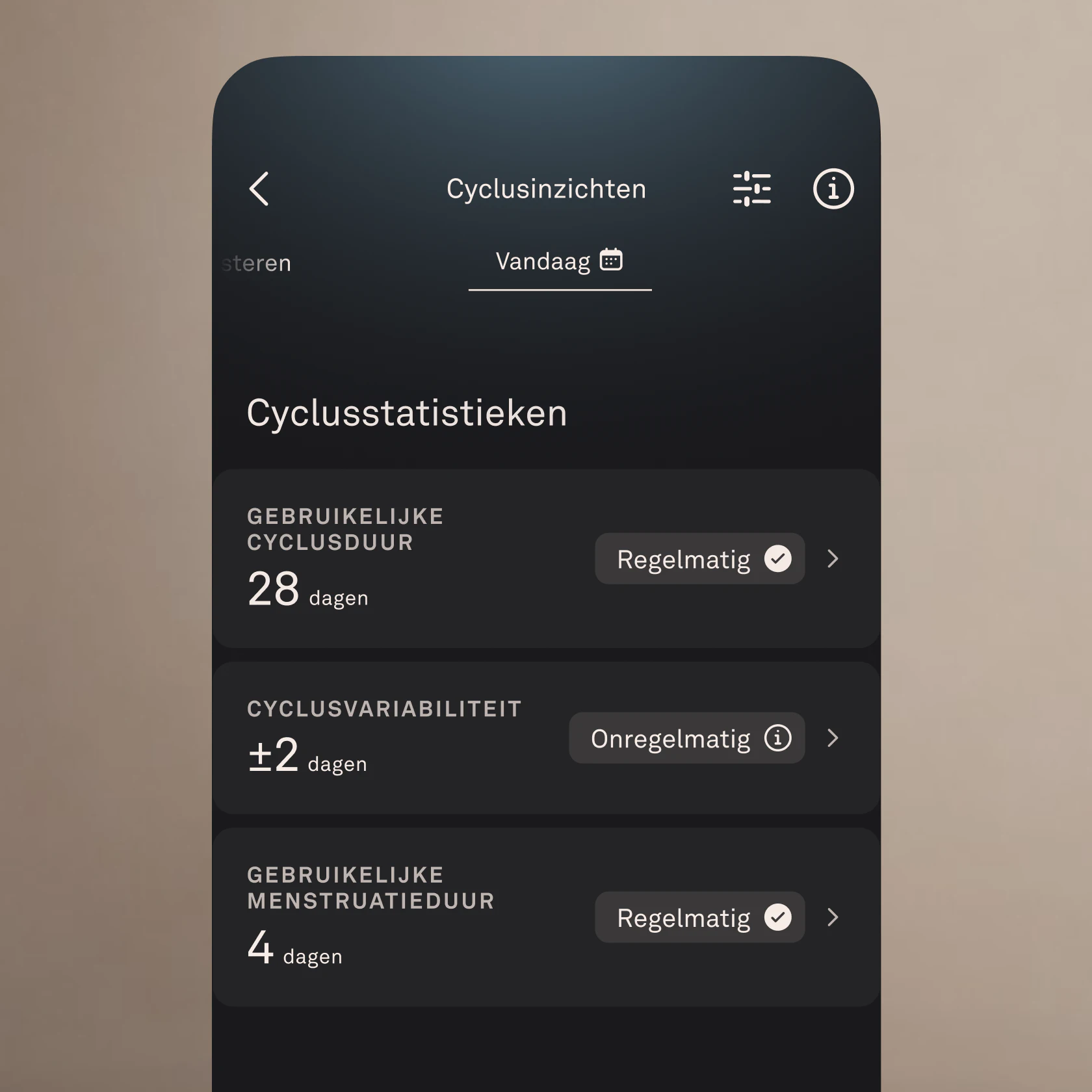 Een scherm in een mobiele app met cyclusinzichten.