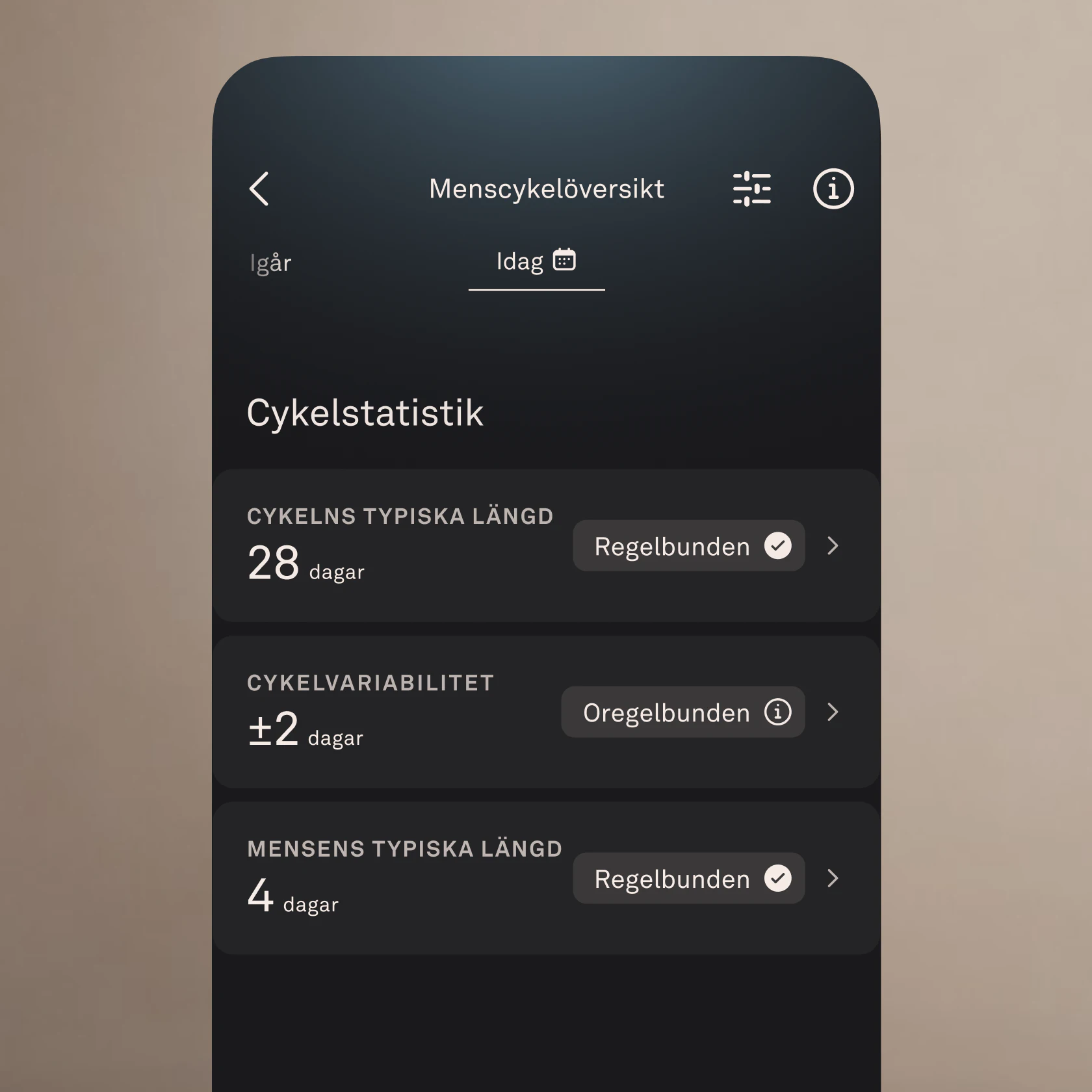 En mobilapp som visar menscykelöversikten