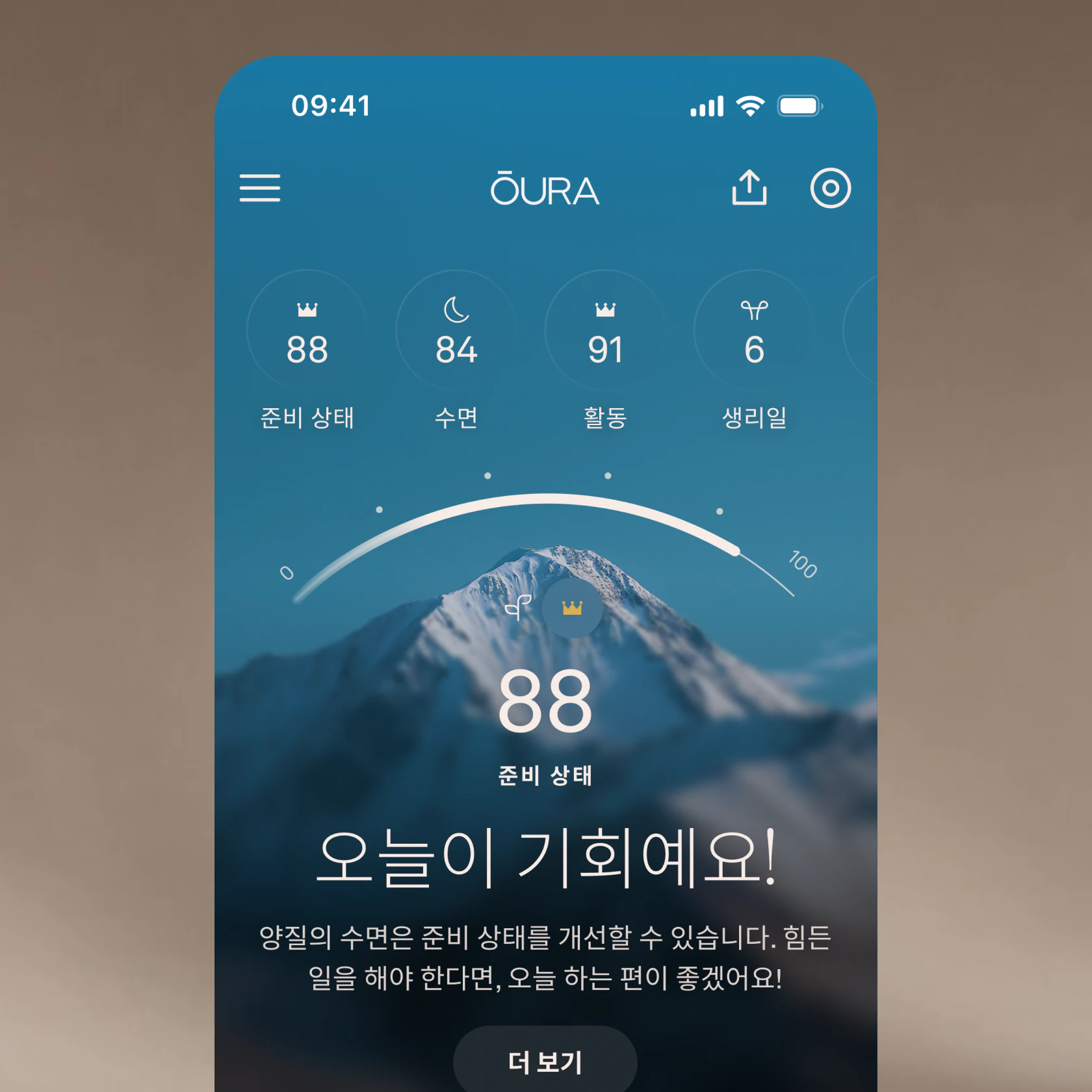 준비 상태 점수를 보여주는 모바일 애플리케이션.