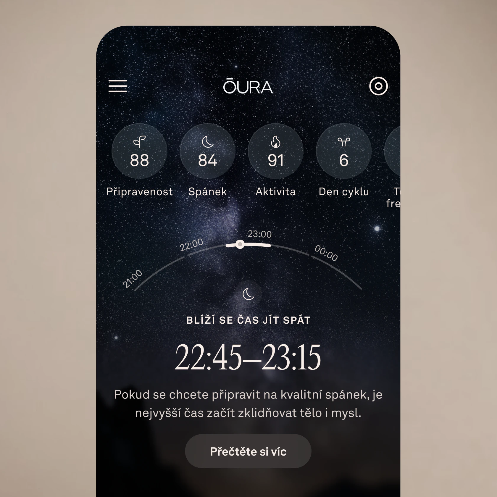 Mobilní aplikace zobrazující, že se blíží čas jít spát.
