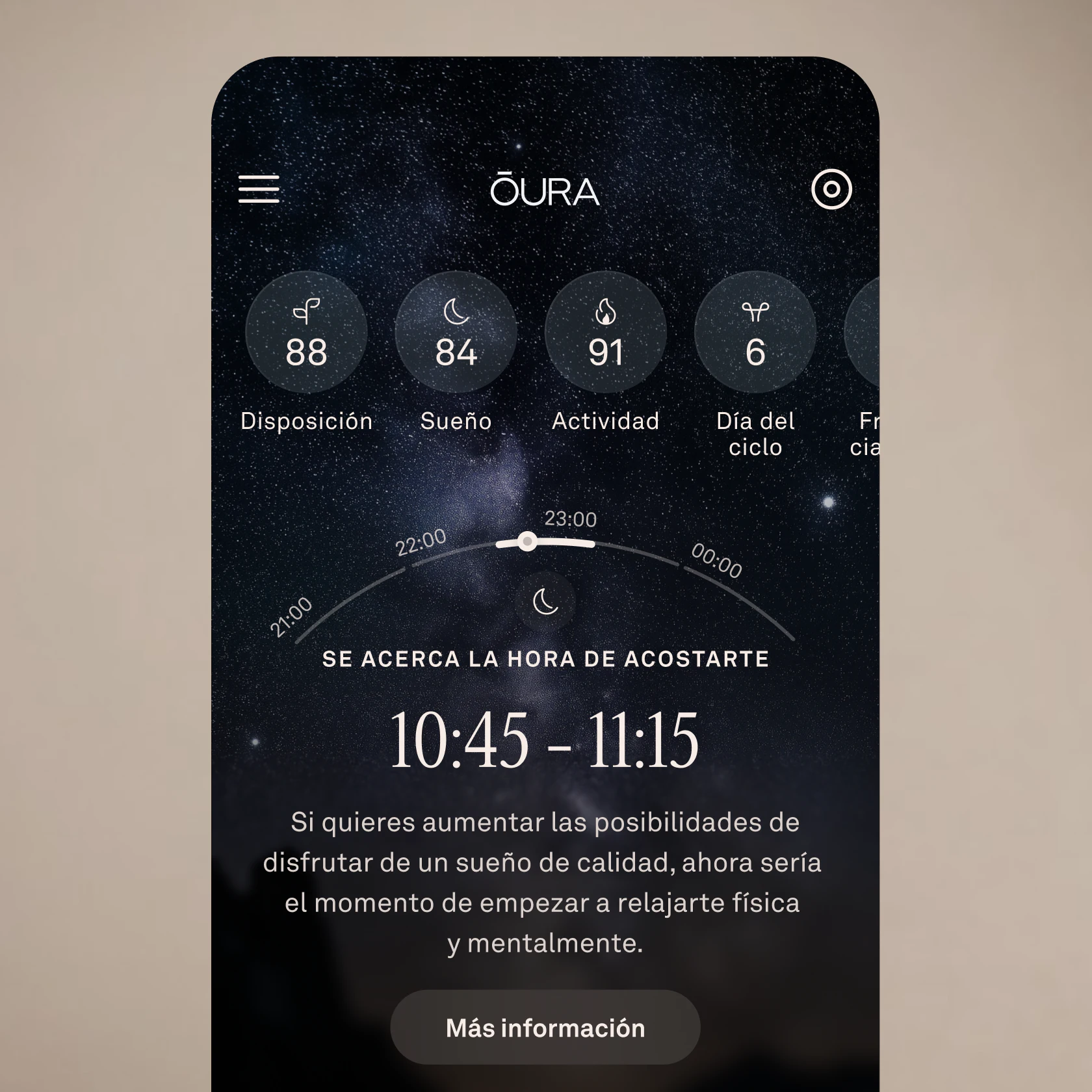 Pantalla de la aplicación Oura que muestra que se acerca la hora de acostarse.