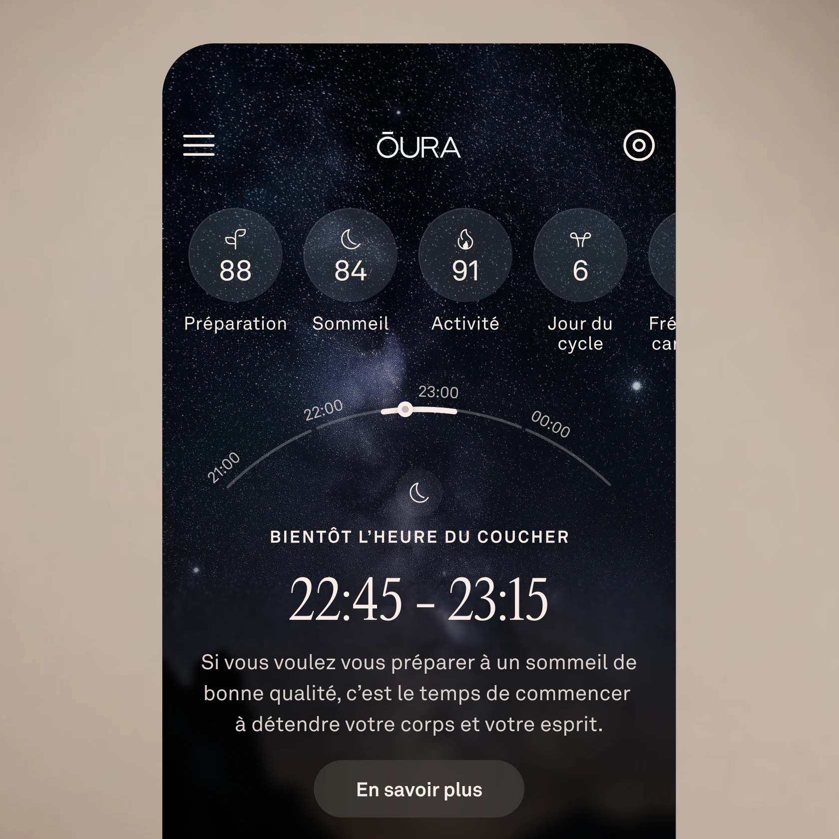 Application Oura montrant que l’heure de coucher approche.