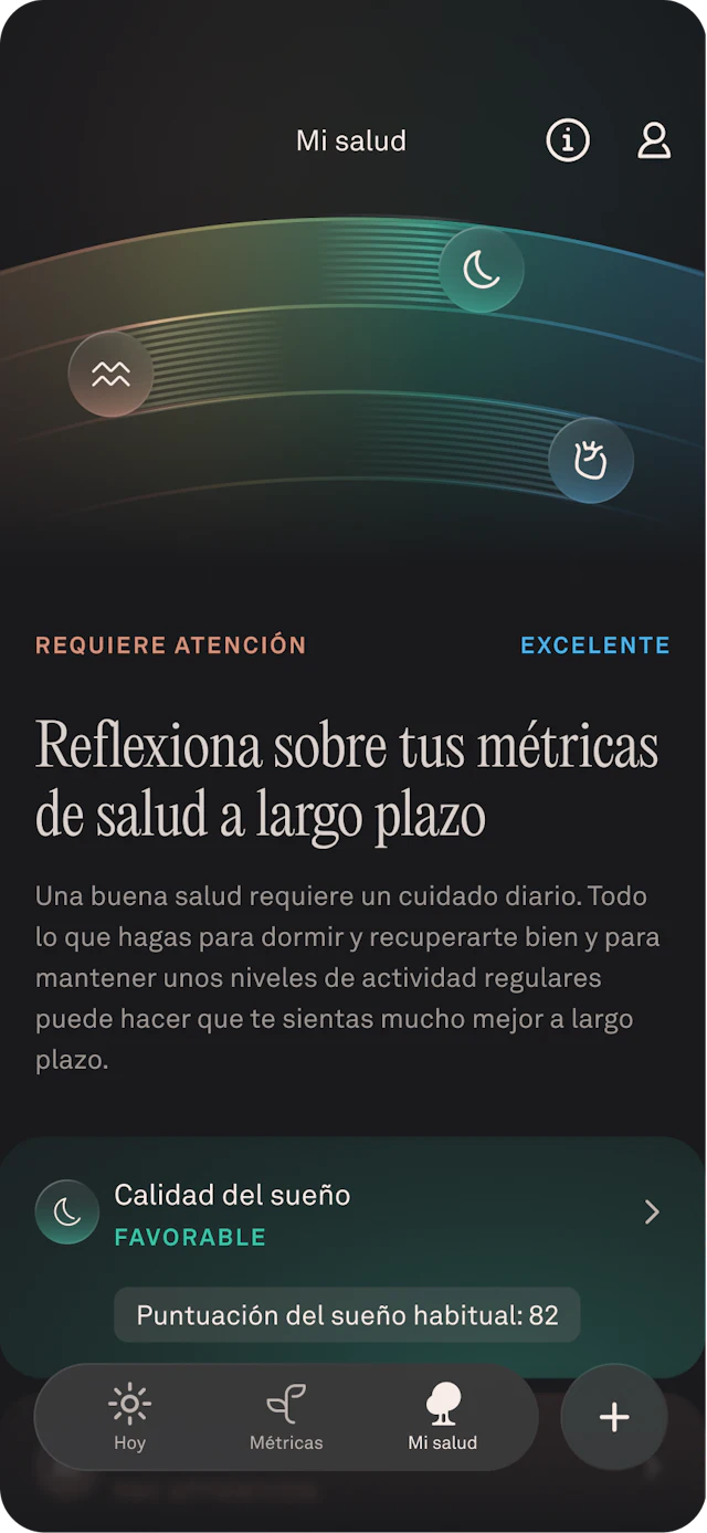 Pantalla de la aplicación Oura que muestra que la gestión del estrés requiere atención.