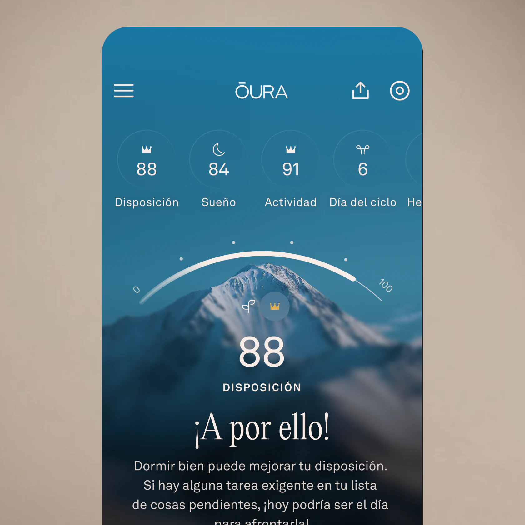 Pantalla de la aplicación Oura que muestra la puntuación de la disposición.