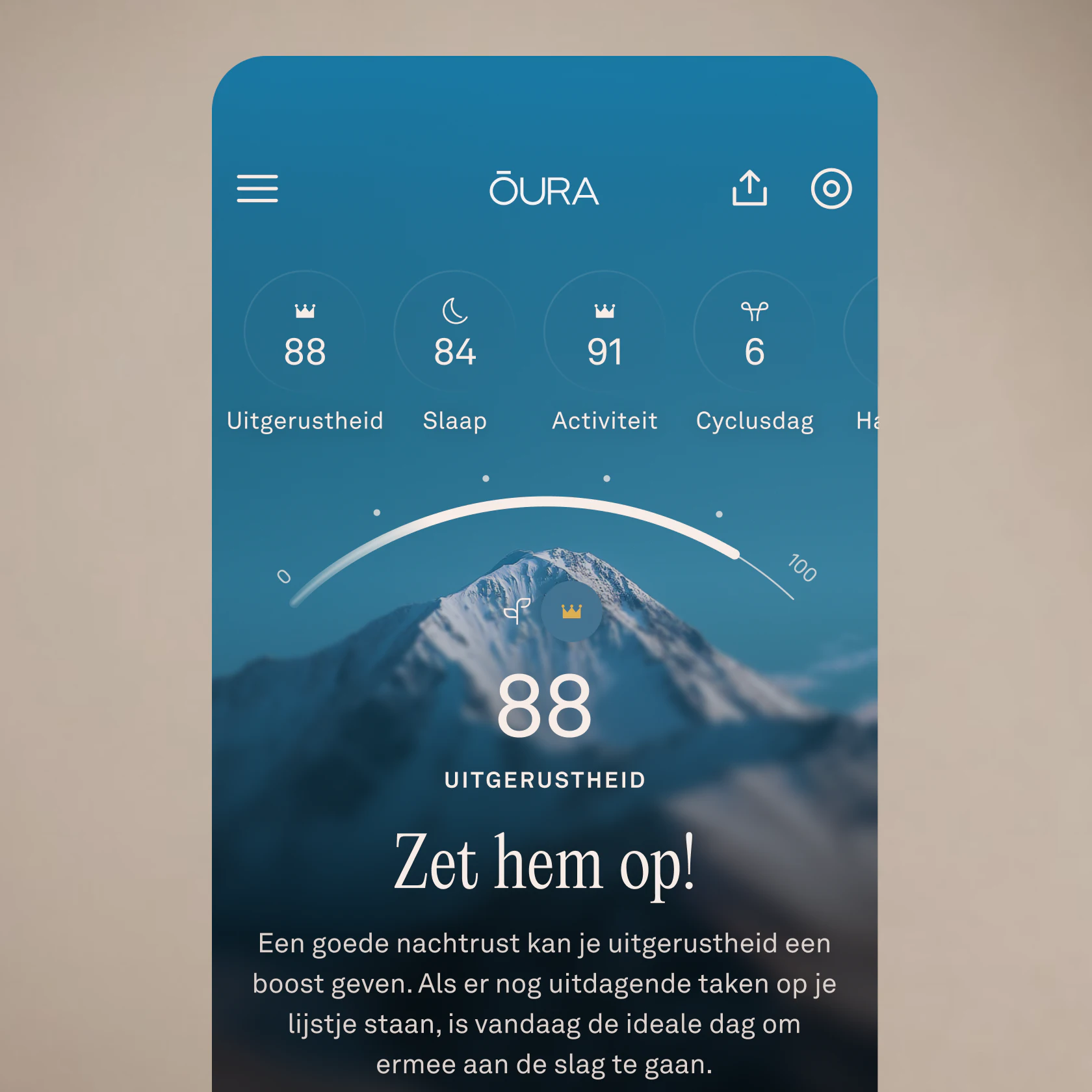 Een scherm in een mobiele app met een uitgerustheidsscore.