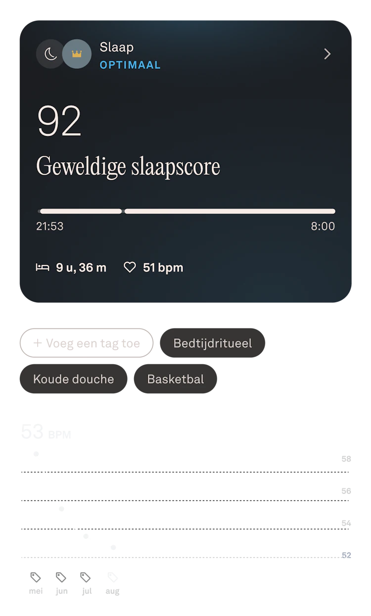 Weergave van de Oura Ring-app met slaapgegevens in augustus