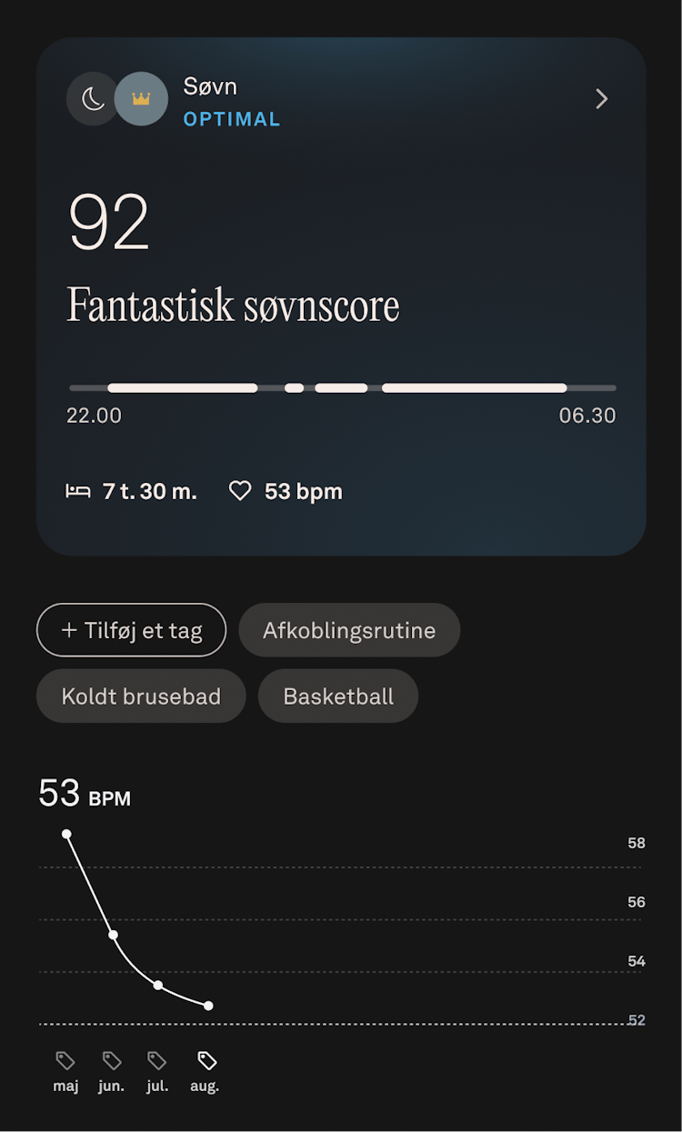 Visning af søvndata for august i Oura Ring-appen