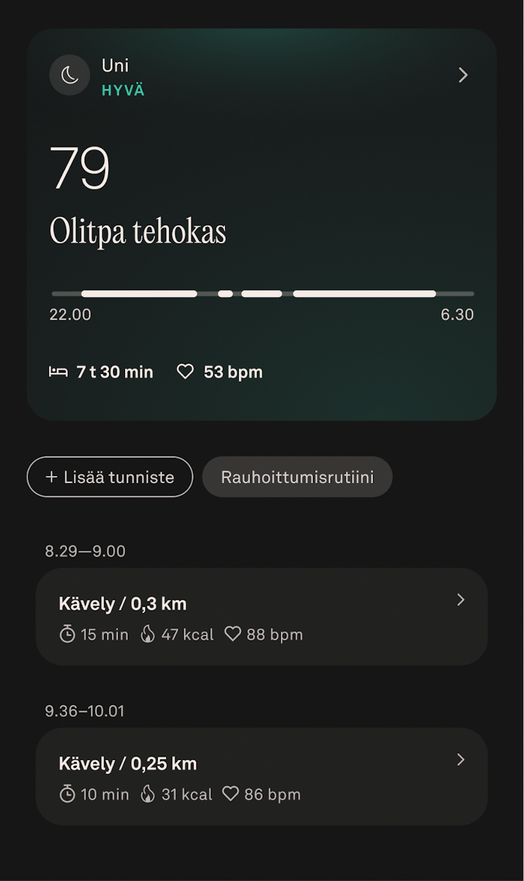 Oura-sovelluksen näkymä heinäkuun unitiedoista