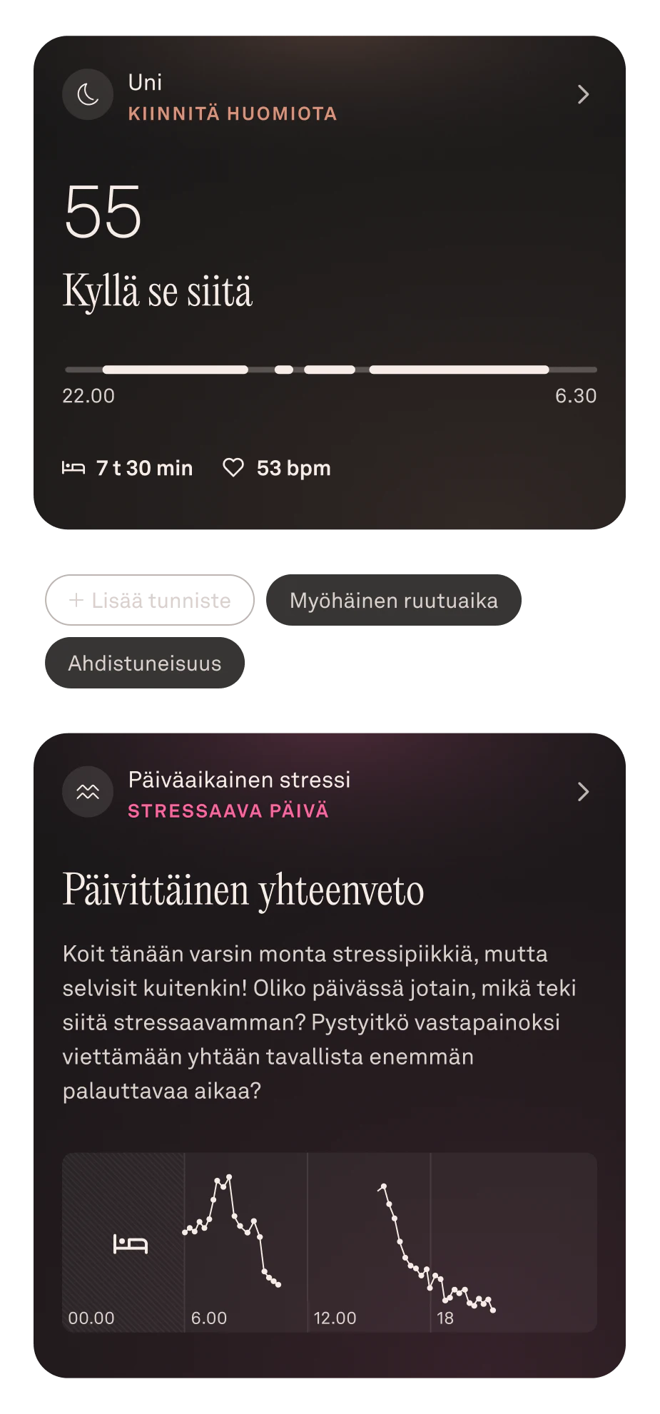 Oura-sovelluksen näkymä kesäkuun unitiedoista
