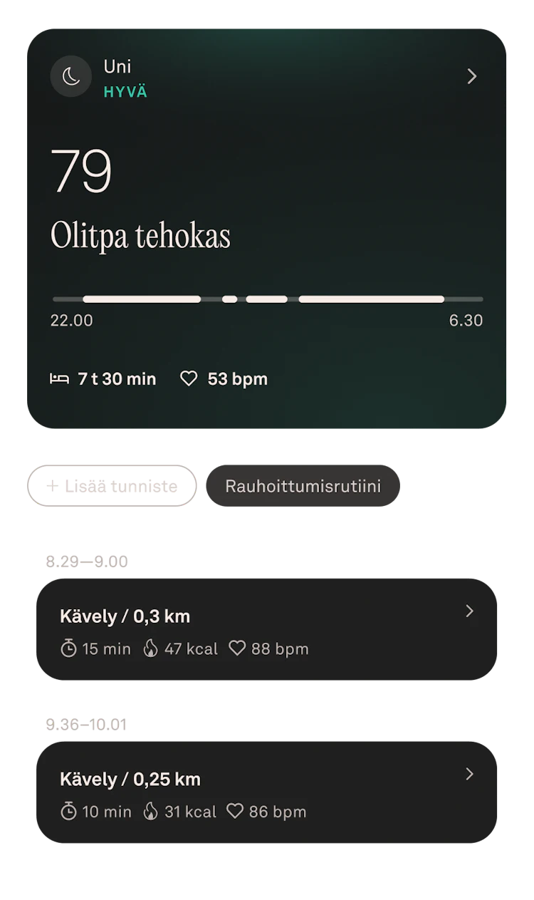 Oura-sovelluksen näkymä heinäkuun unitiedoista