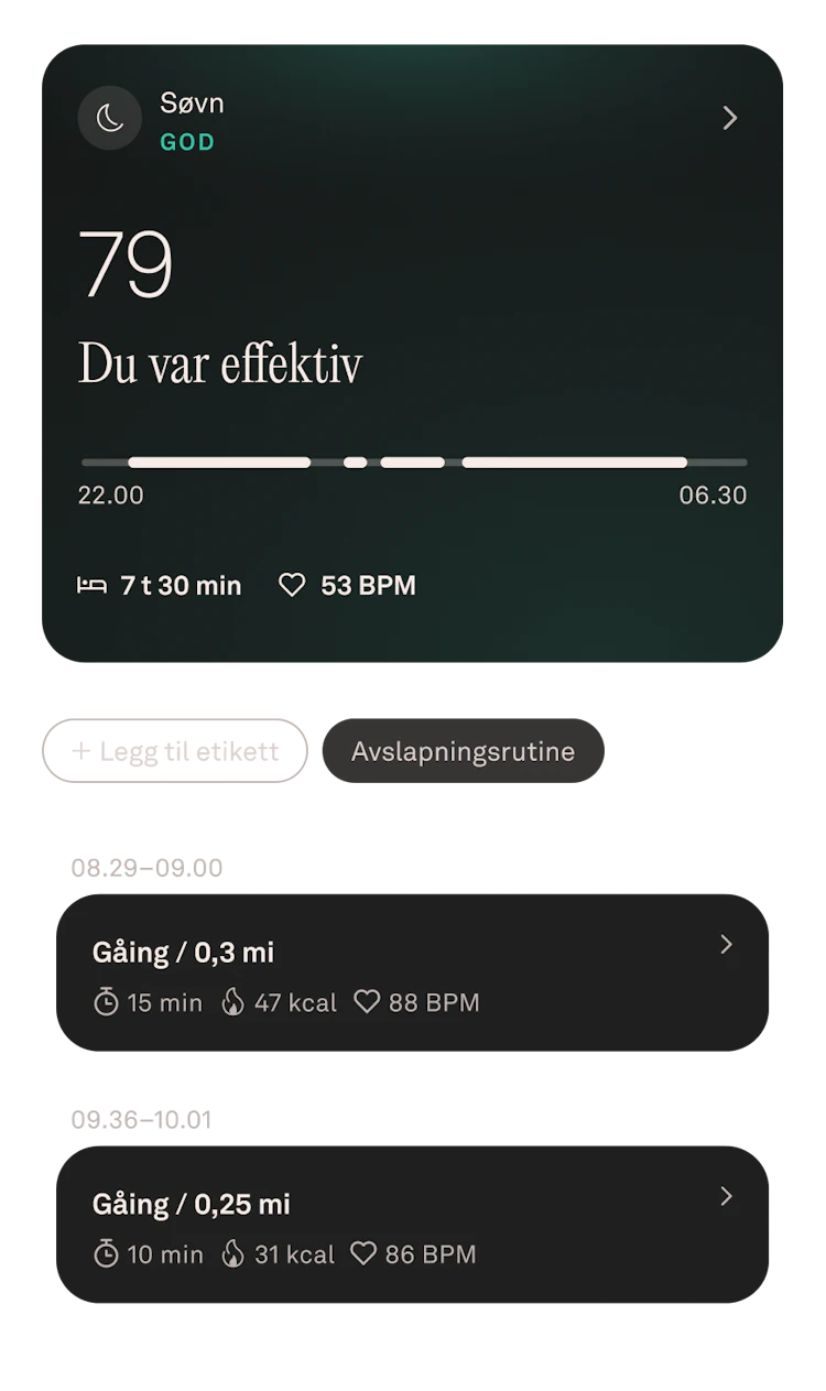 Oura Ring-appens visning av søvndata i juli