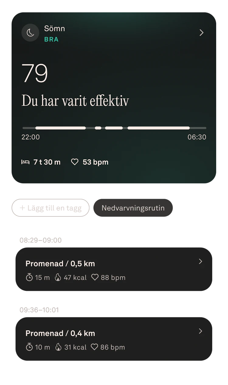 Oura Ring-appen som visar sömndata i juli