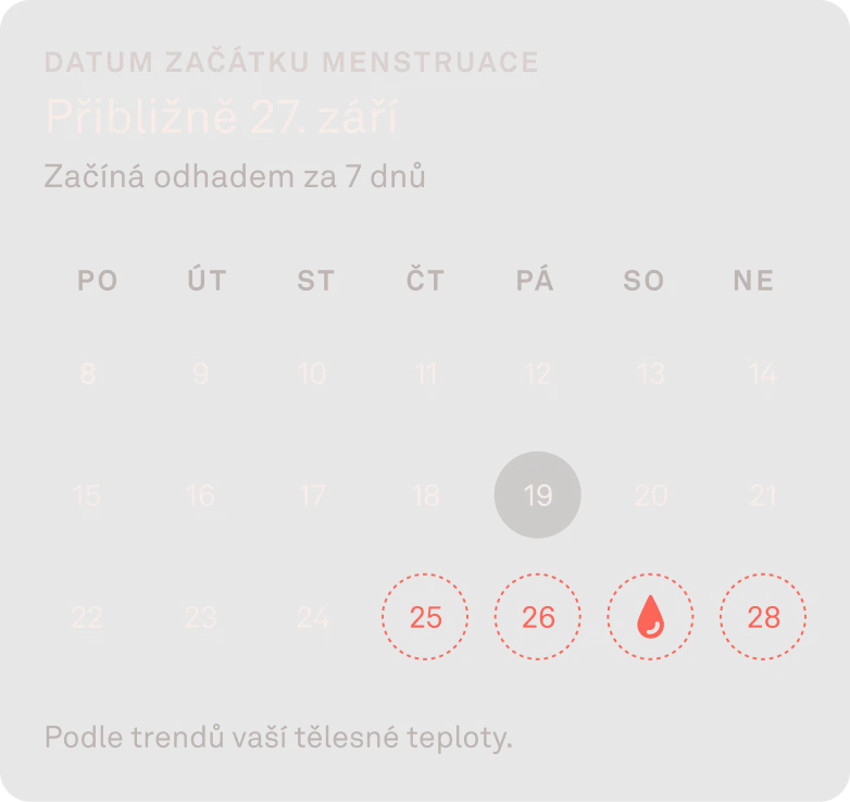Snímek z aplikace Oura, na kterém je kalendář s menstruačním cyklem