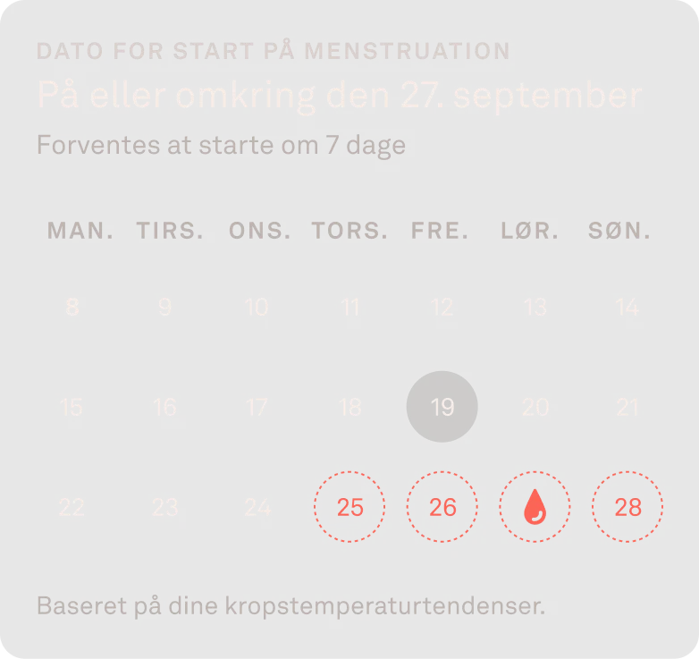 Visning af kalender med sporing af menstruationscyklus i Oura-appen