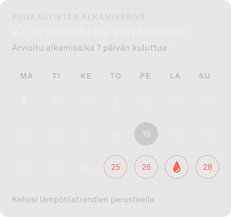 Oura-sovelluksen näkymä, jossa avoinna kalenteri ja kuukautiskierron seuranta