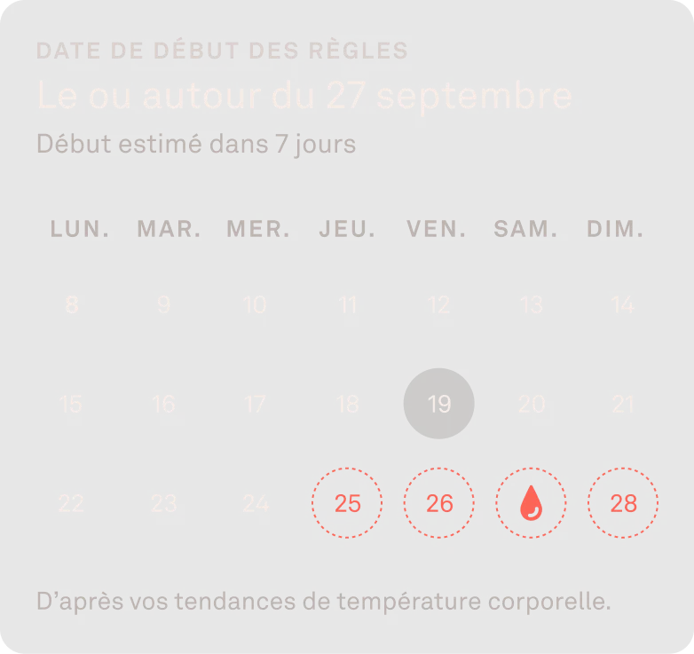 Application Oura affichant un calendrier de suivi du cycle menstruel