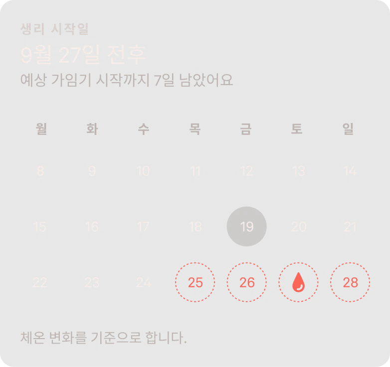 생리 주기 추적 캘린더를 표시하는 Oura 앱 화면