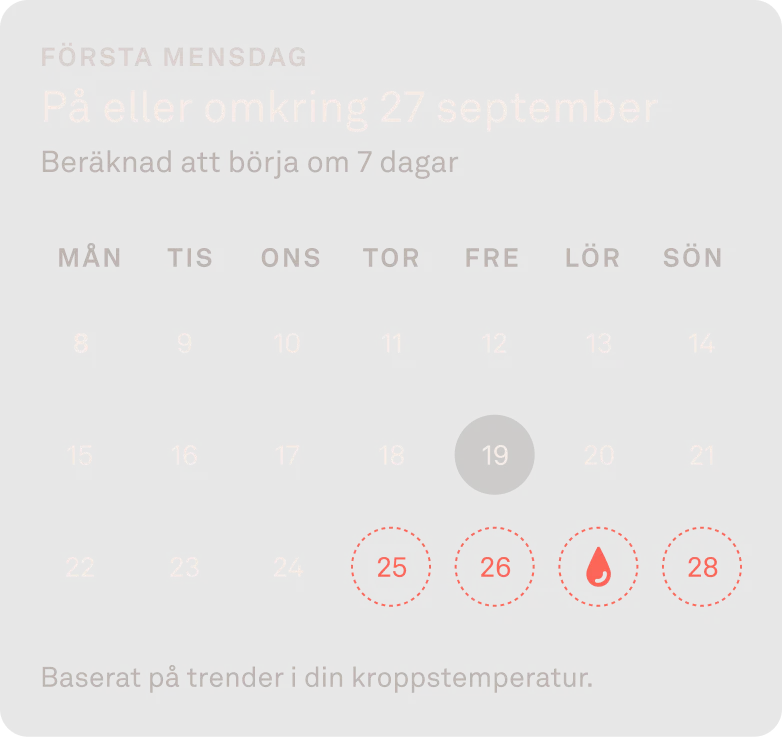 Oura-appen som visar en kalender där man följer menscykeln