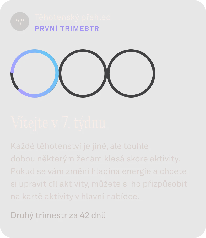 Snímek z aplikace Oura, na kterém je kalendář se třemi kroužky, které ukazují délku těhotenství