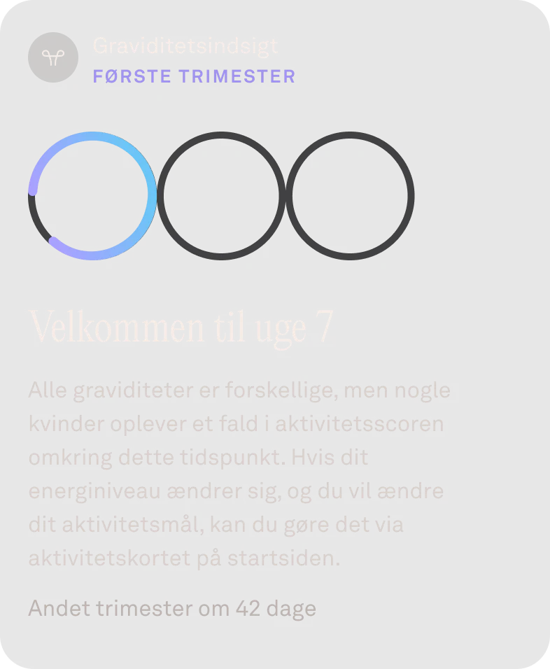 Visning af kalender med graviditetsindsigt og ringe, der viser den tidsmæssige udvikling, i Oura-appen
