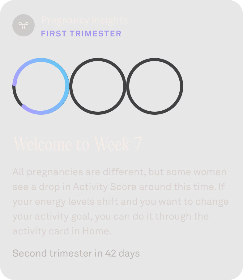 Oura app view displaying calendar with pregnancy insight progression rings
