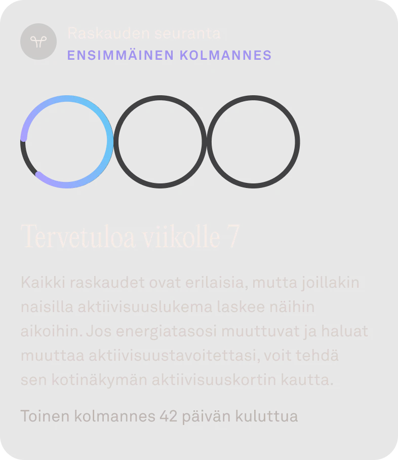 Oura-sovelluksen näkymä, jossa avoinna kalenteri ja raskauden seurannan renkaat